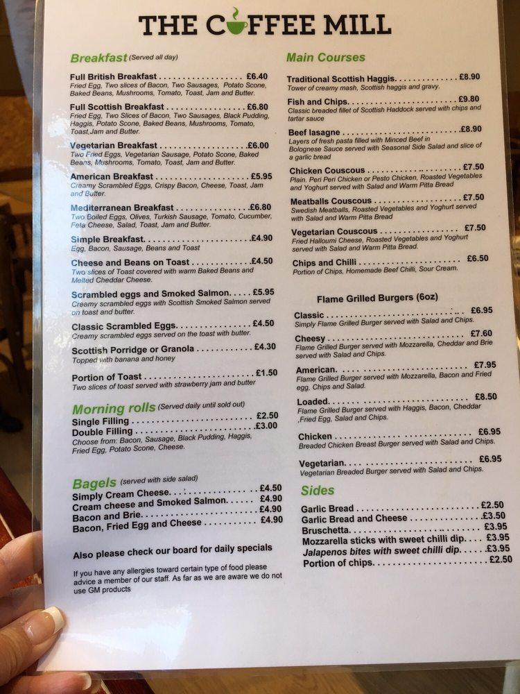 Menu at The Coffee Mill Cafe, Edinburgh, 54 West Port