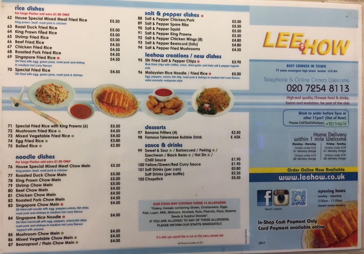 Menu at Lee How fast food, London, 77 Stoke Newington High St