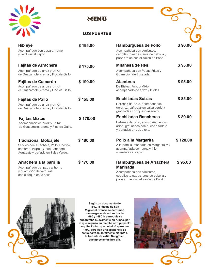 Carta del restaurante El Rincón del Papa r San Miguel del Allende