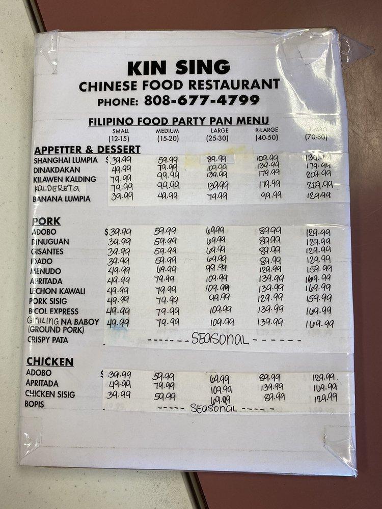 Menu at Kin Sing Chinese Fast Food, Waipahu