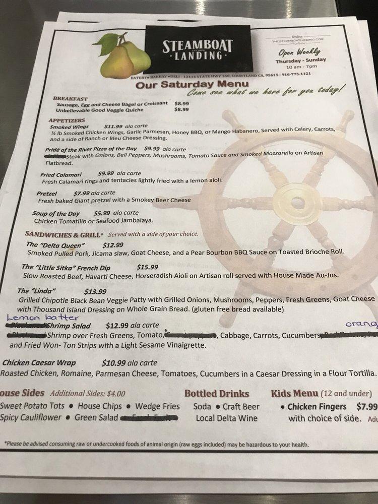 Menu at Steamboat Landing cafe, Courtland