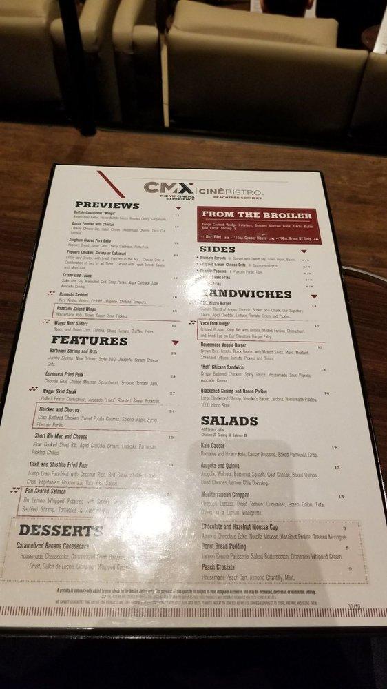 Menu at CMX CinéBistro Peachtree Corners restaurant, Peachtree Corners