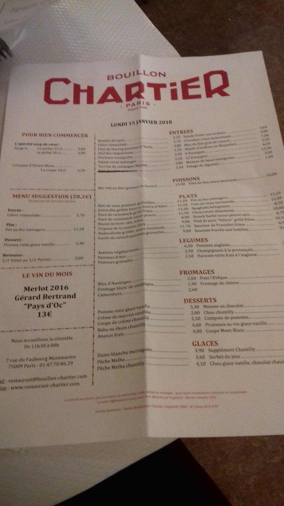 Menu at Bouillon Chartier Grands Boulevards restaurant, Paris, 7 Rue du