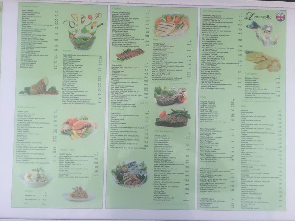 Menu at Limoncello steakhouse, Costa Adeje, C.C. Litoral