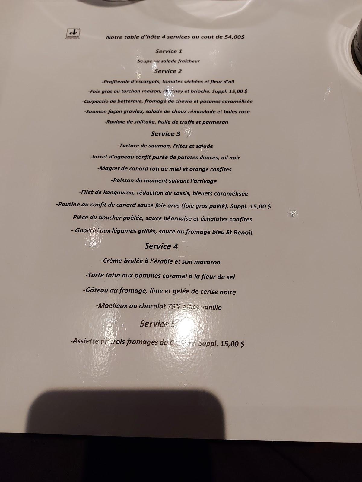 Menu at Carte Blanche restaurant, Montreal