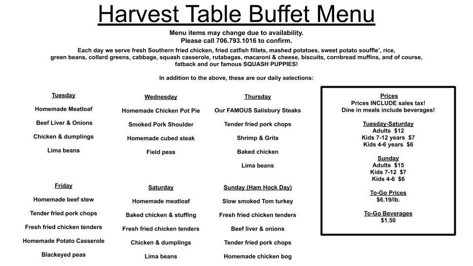 Menu at Harvest Table Buffet restaurant, Augusta