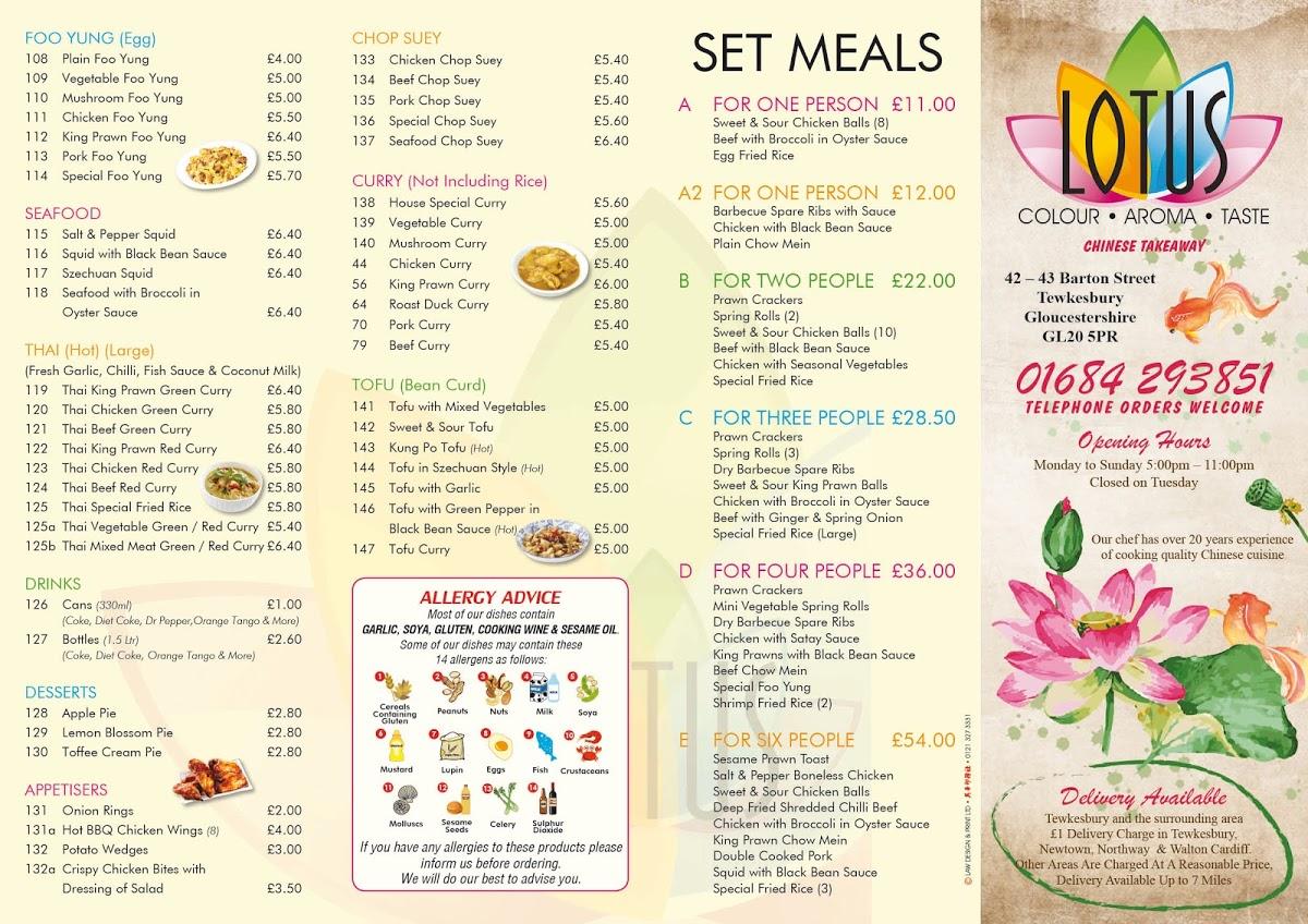Menu at Lotus restaurant, Tewkesbury
