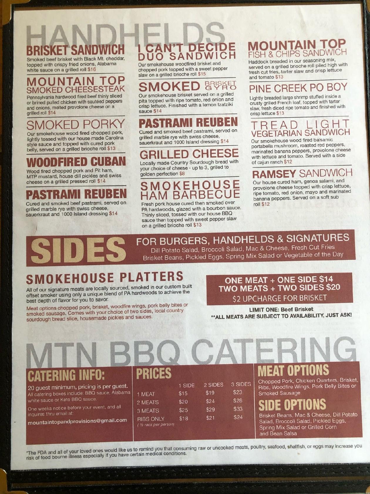 Menu at Mountain Top and Provisions pub & bar, USA, Coudersport Pike