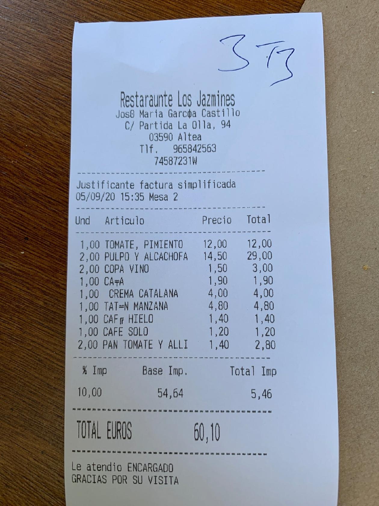 Carta del restaurante Los Jazmines, Altea, Partida la Olla