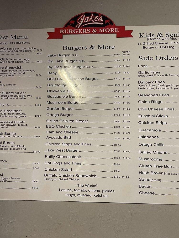 Menu at Jake's Burgers & More restaurant, Oroville
