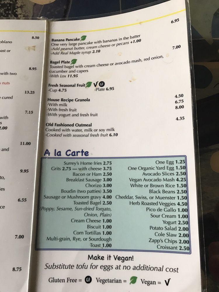 Menu at Surrey's Café & Juice Bar, New Orleans