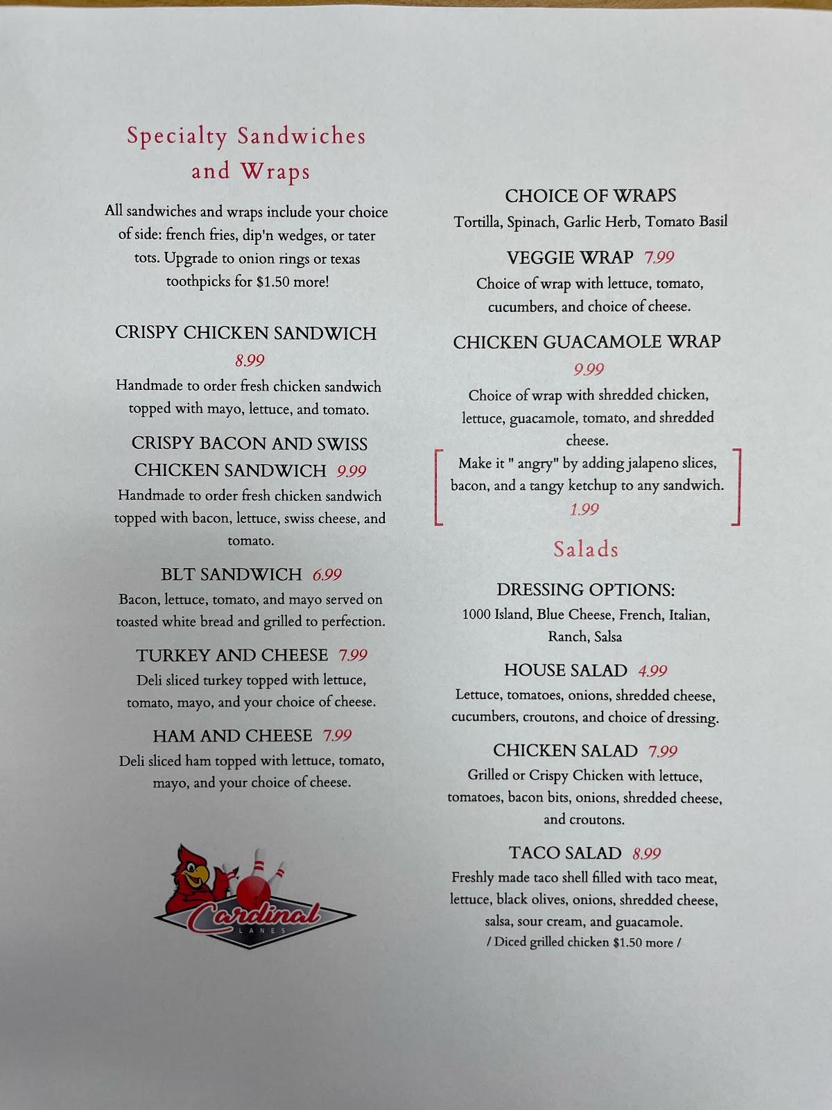 Menu at Cardinal Lanes Mayville pub & bar, Mayville