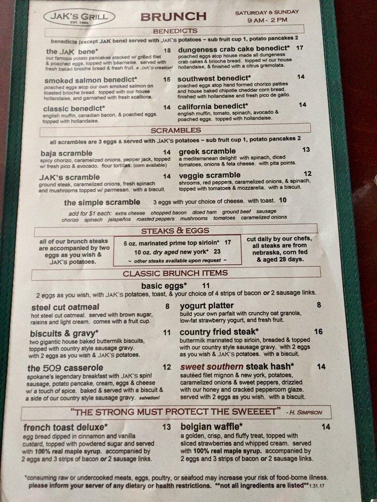 Menu at Jak's Grill steakhouse, Seattle, California Ave SW
