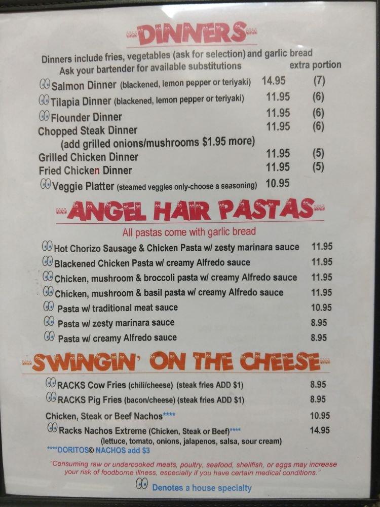 Carta de Racks Restaurant & Sports Bar, Columbia