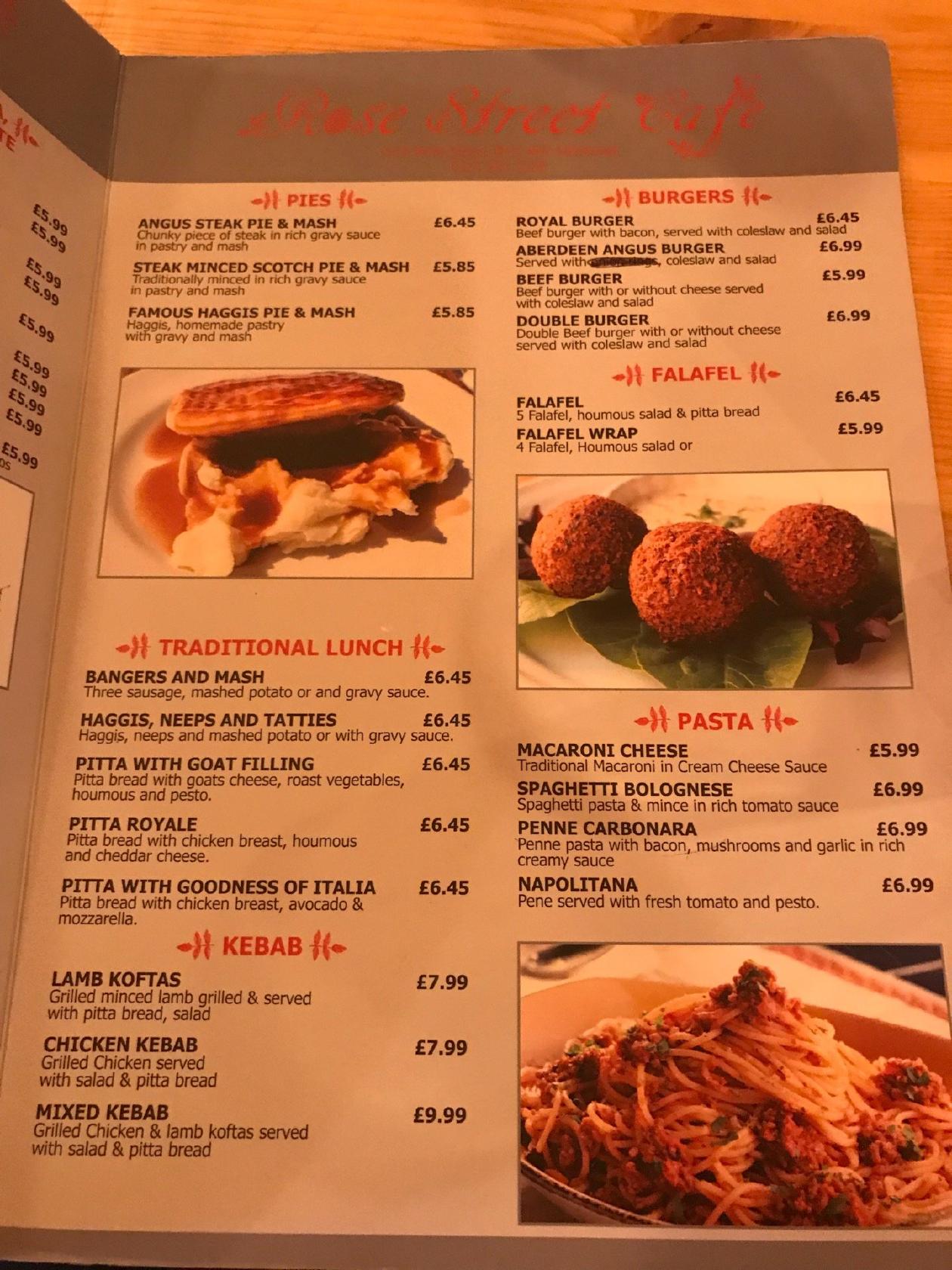 Menu at Rose Street Cafe, Edinburgh, 192a Rose St