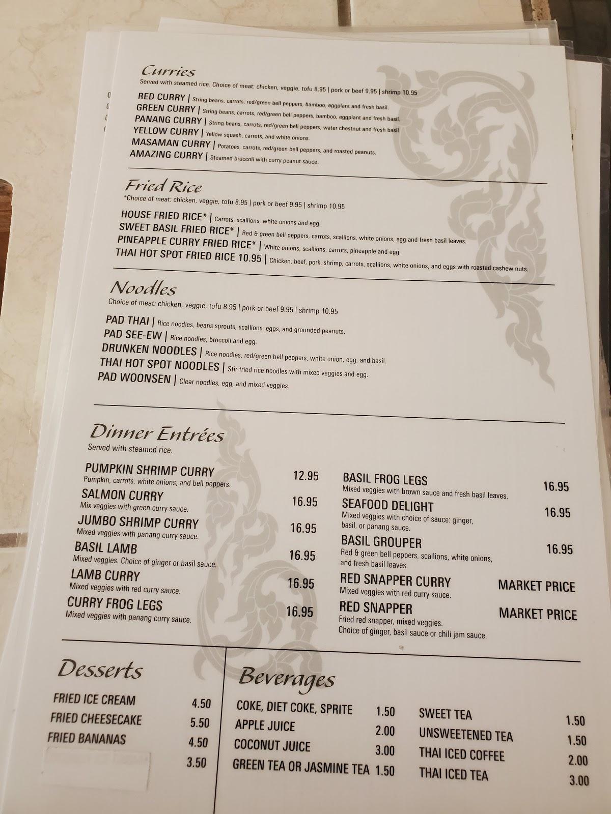 Menu at Thai Hot Spot restaurant, Spring Hill