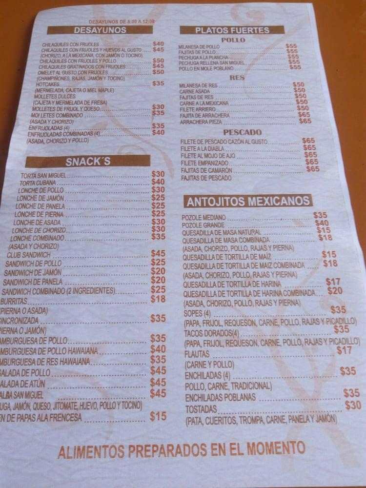 Menu at Antojitos Mexicanos San Miguel restaurant, Zapopan