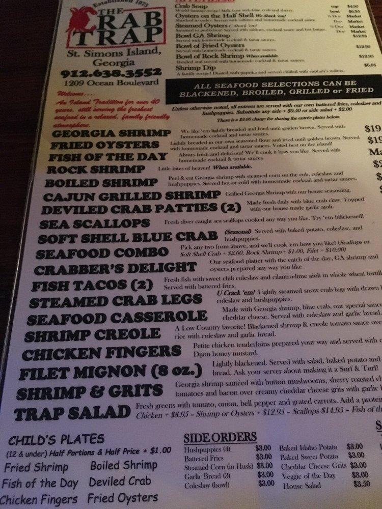 Menu at The Crab Trap pub & bar, Saint Simons Island