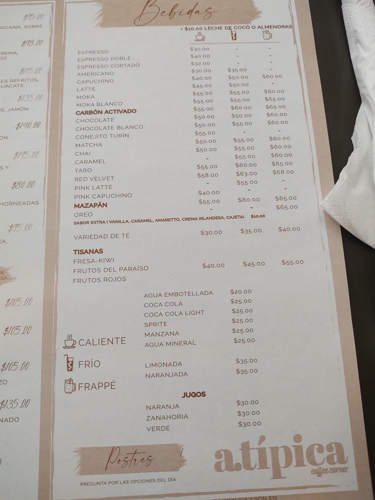 Menu at Atípica Coffee Corner cafeteria, Irapuato