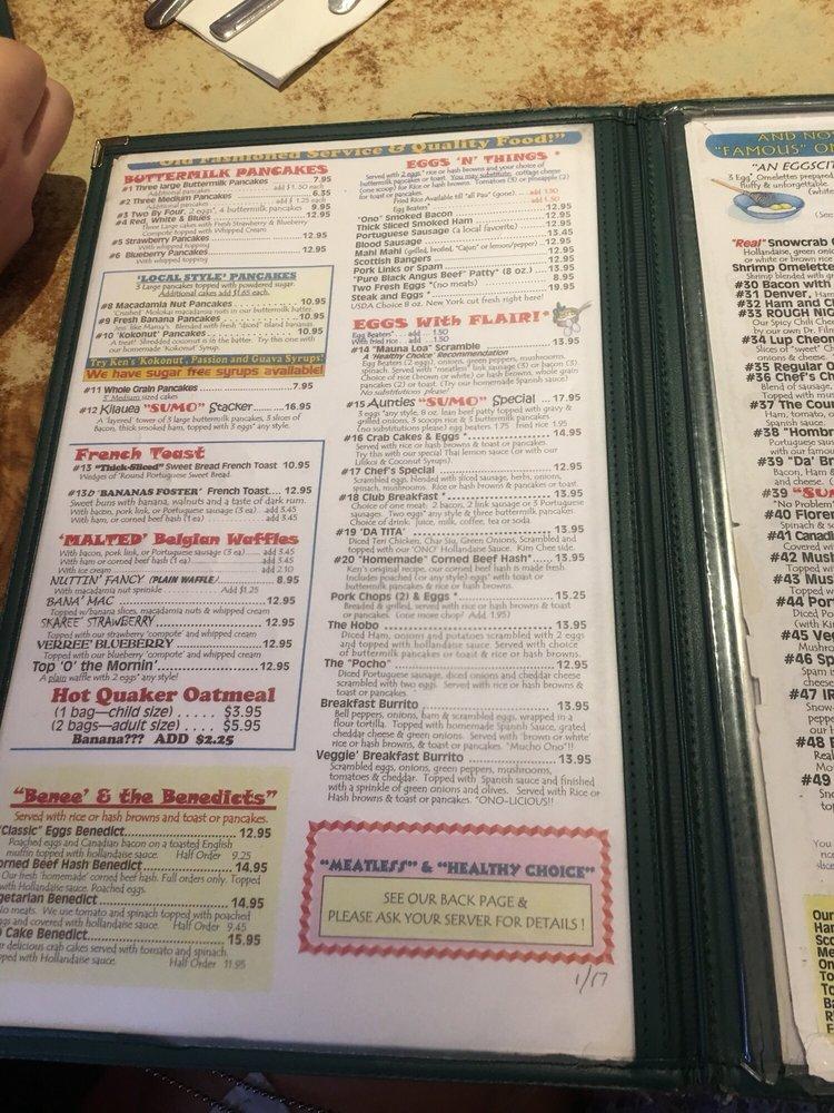 Menu at Ken's House of Pancakes restaurant, Hilo