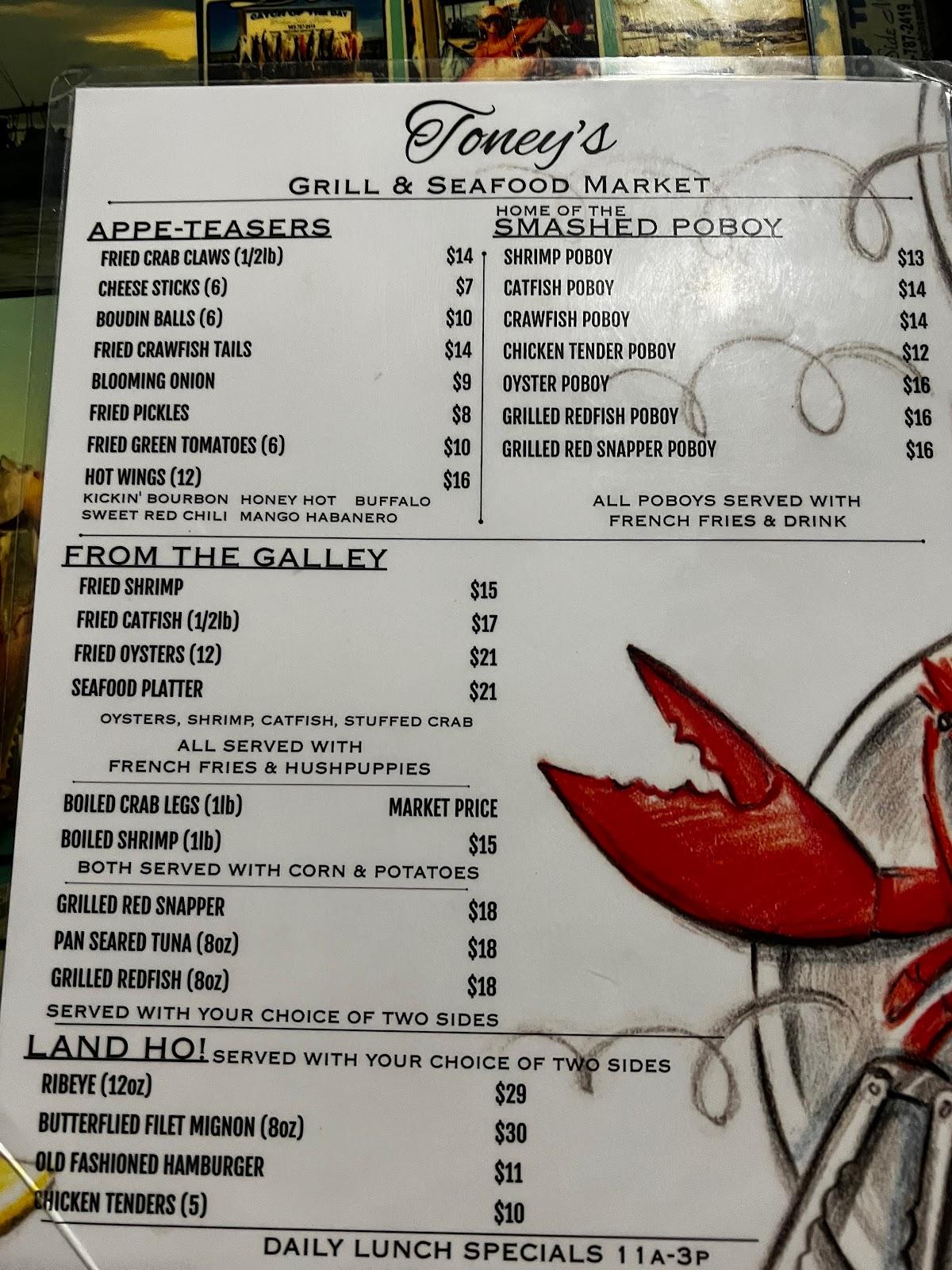 Menu at Toney's Grill and Seafood Market restaurant, Vicksburg, 710 US61 N