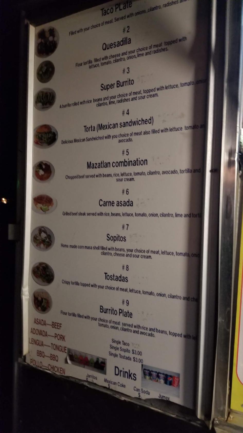 Menu at Taqueria Morelia restaurant, Manson
