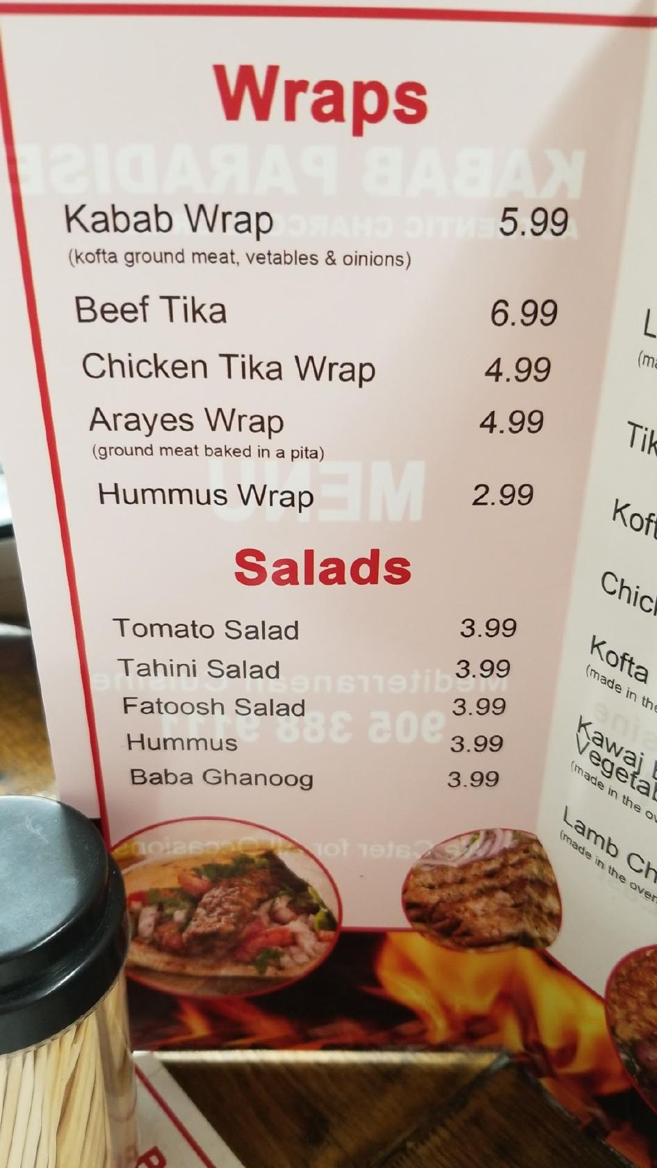 Menu at Kabab Paradise restaurant, Hamilton
