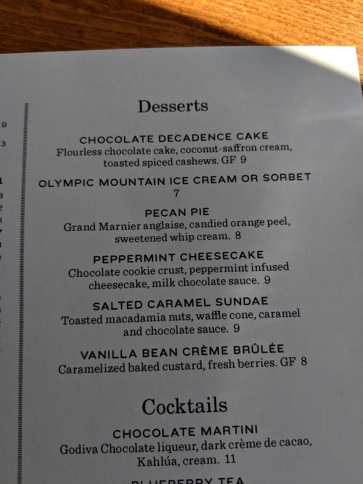 Menu at Elliott's Oyster House restaurant, Seattle