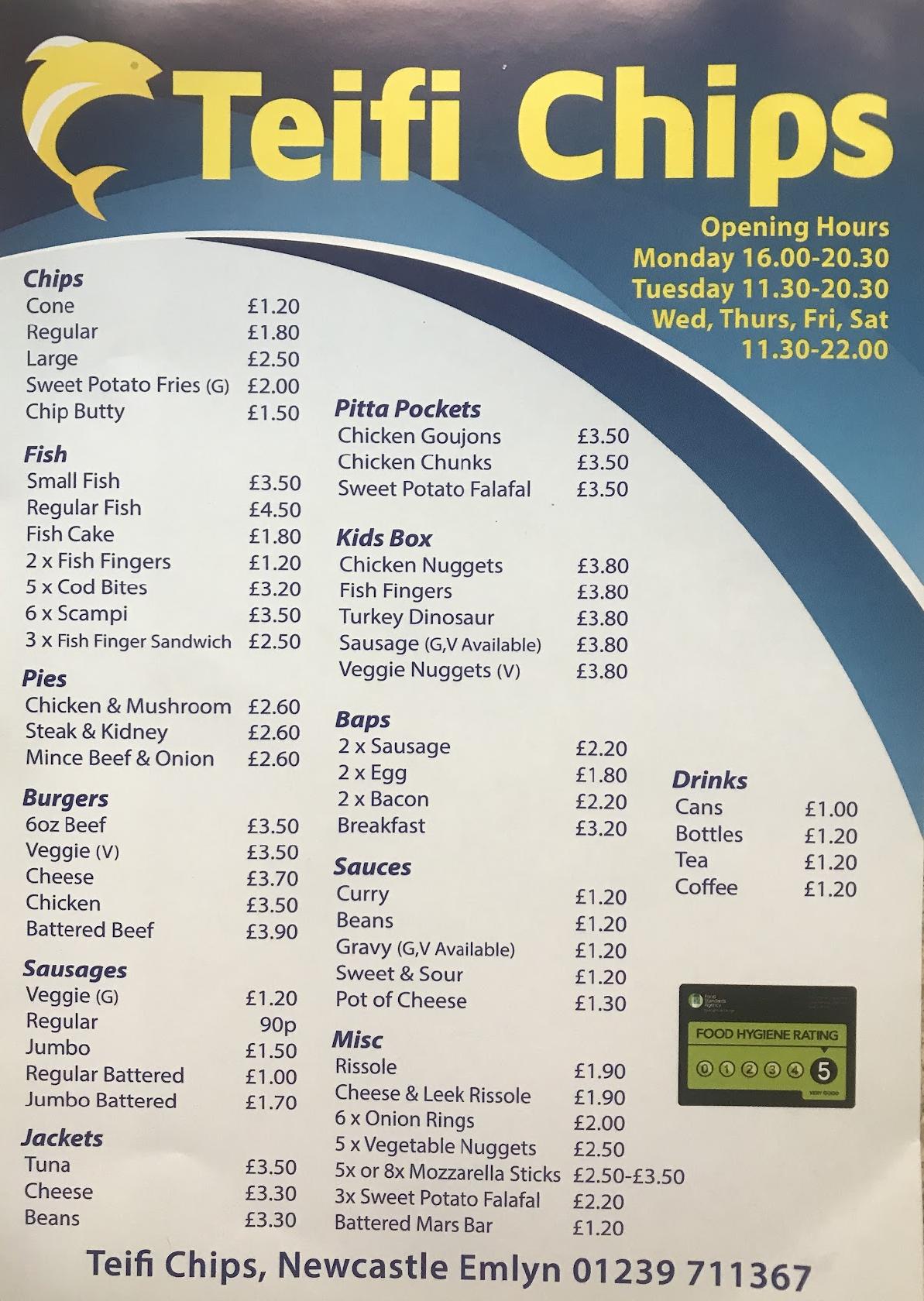Menu at Teifi chipscaffi emlyn restaurant, Newcastle Emlyn