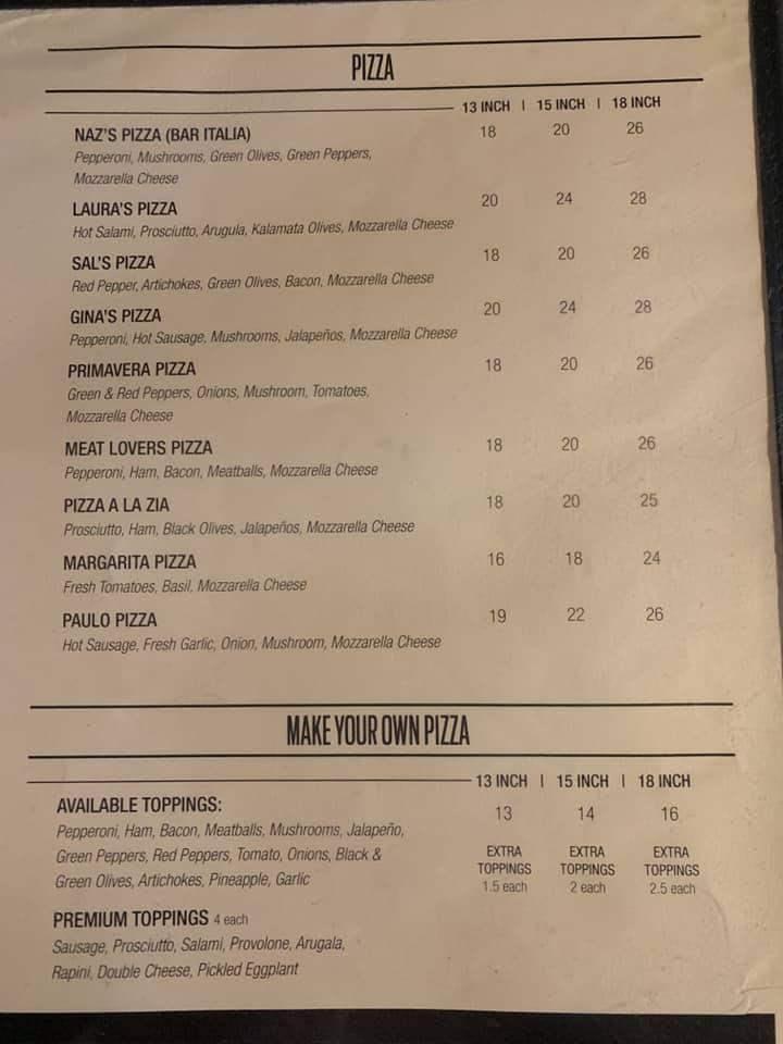 Menu at Bar Italia, Thunder Bay