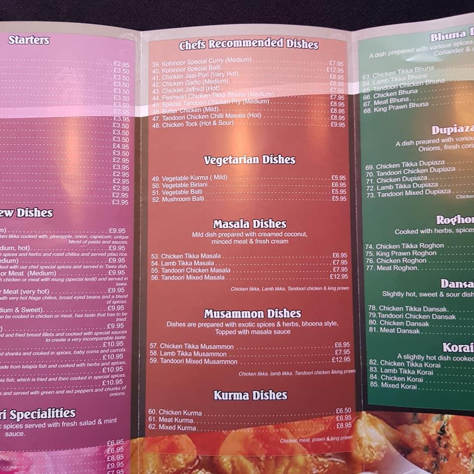 Menu at Kohi Noor restaurant, Uttoxeter