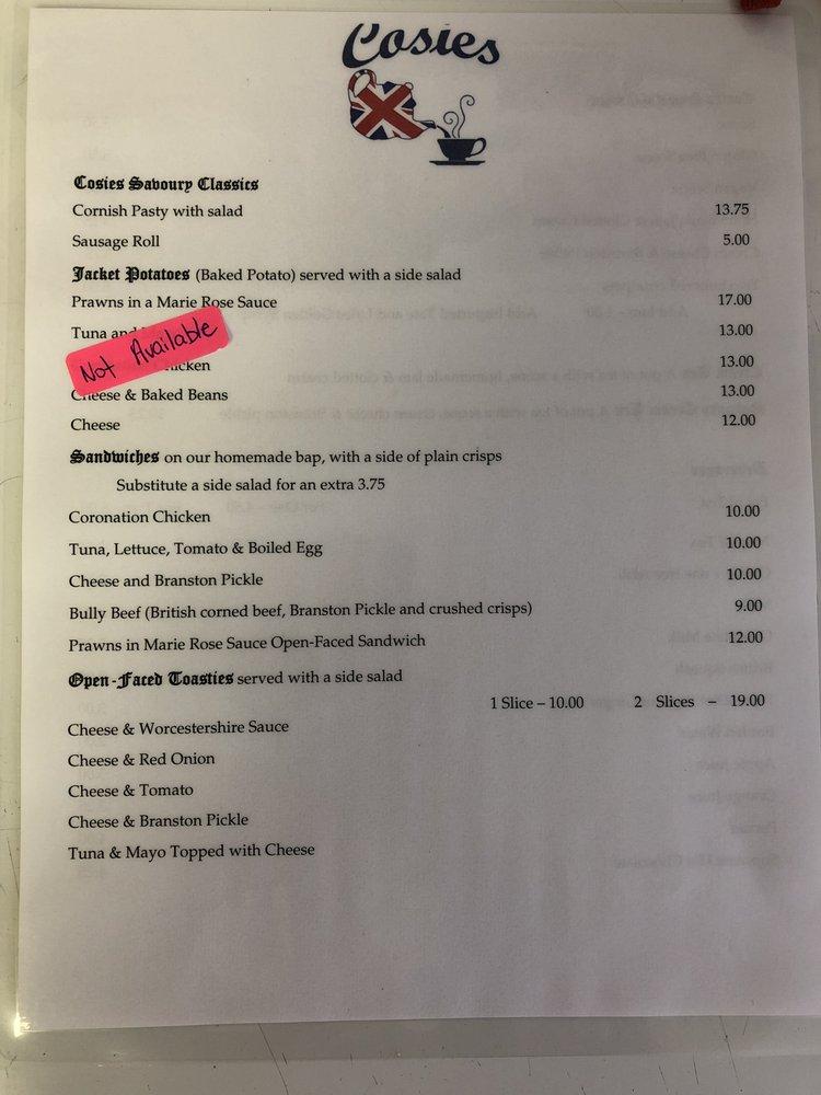 Menu at Cosies cafe, Brockville