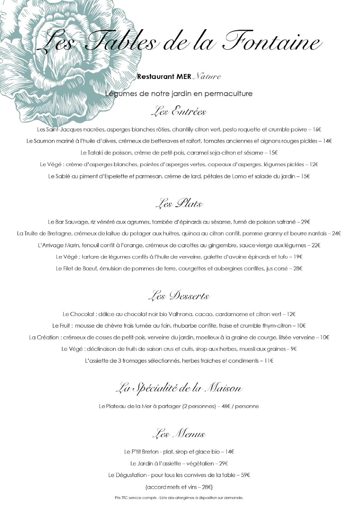 Menu au Hôtel & Spa. ÉcoDomaine La Fontaine restaurant, Pornic