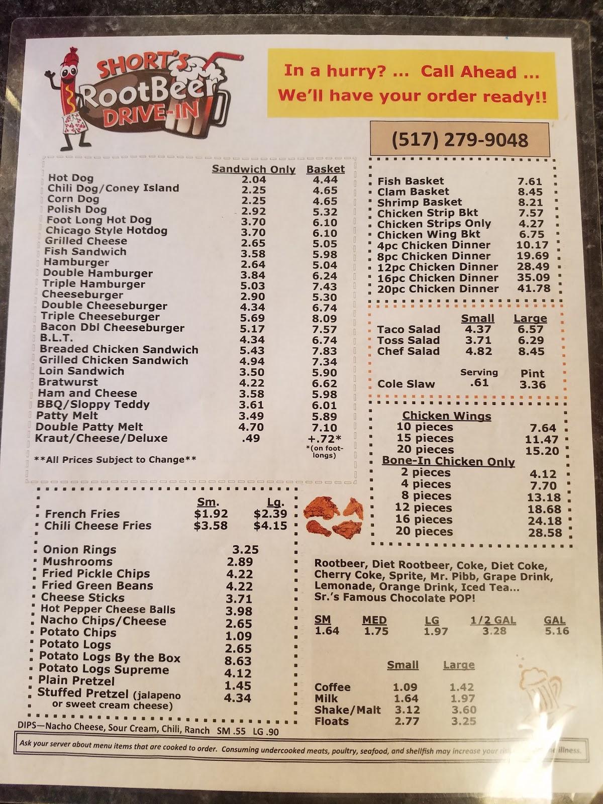 Menu at Short's Root Beer Stand fast food, Coldwater