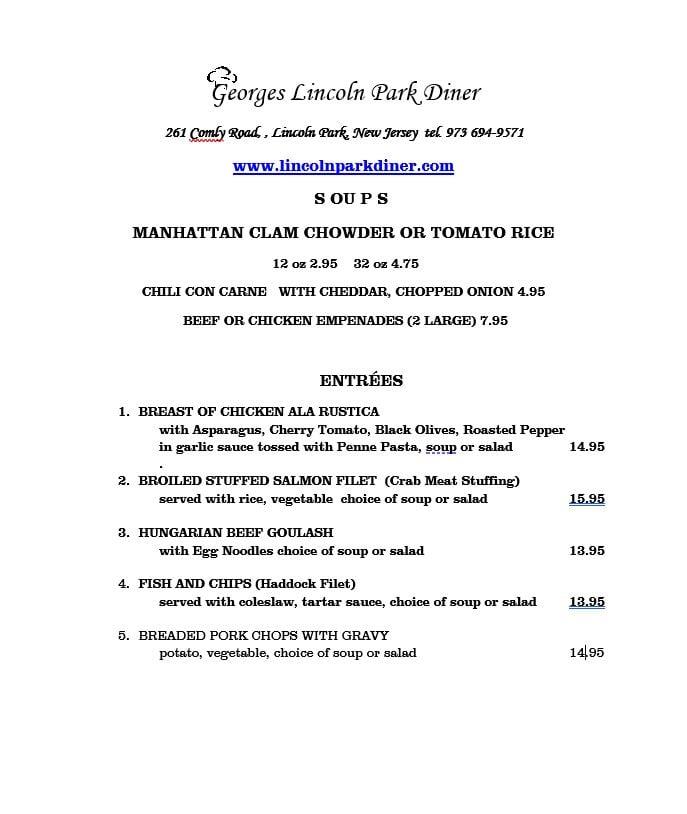 Menu at Lincoln Park Diner restaurant, Lincoln Park