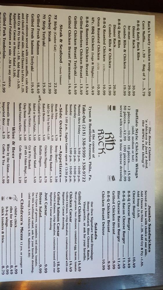 Menu at Rib Rack BBQ, Philadelphia