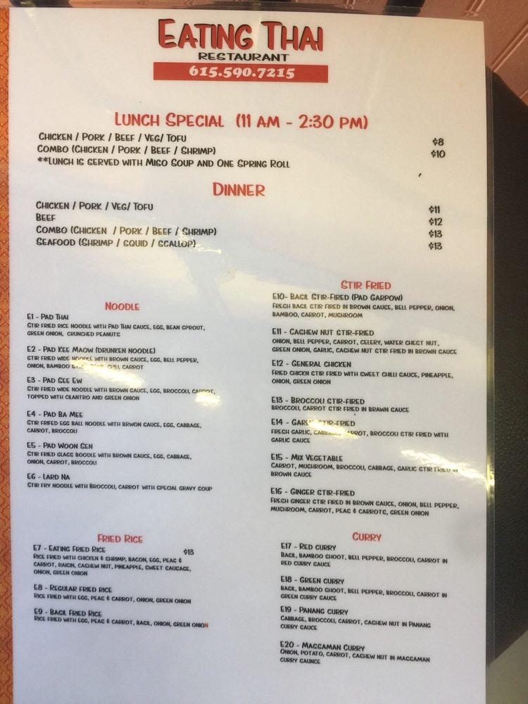 Menu at Eating Thai restaurant, Hendersonville