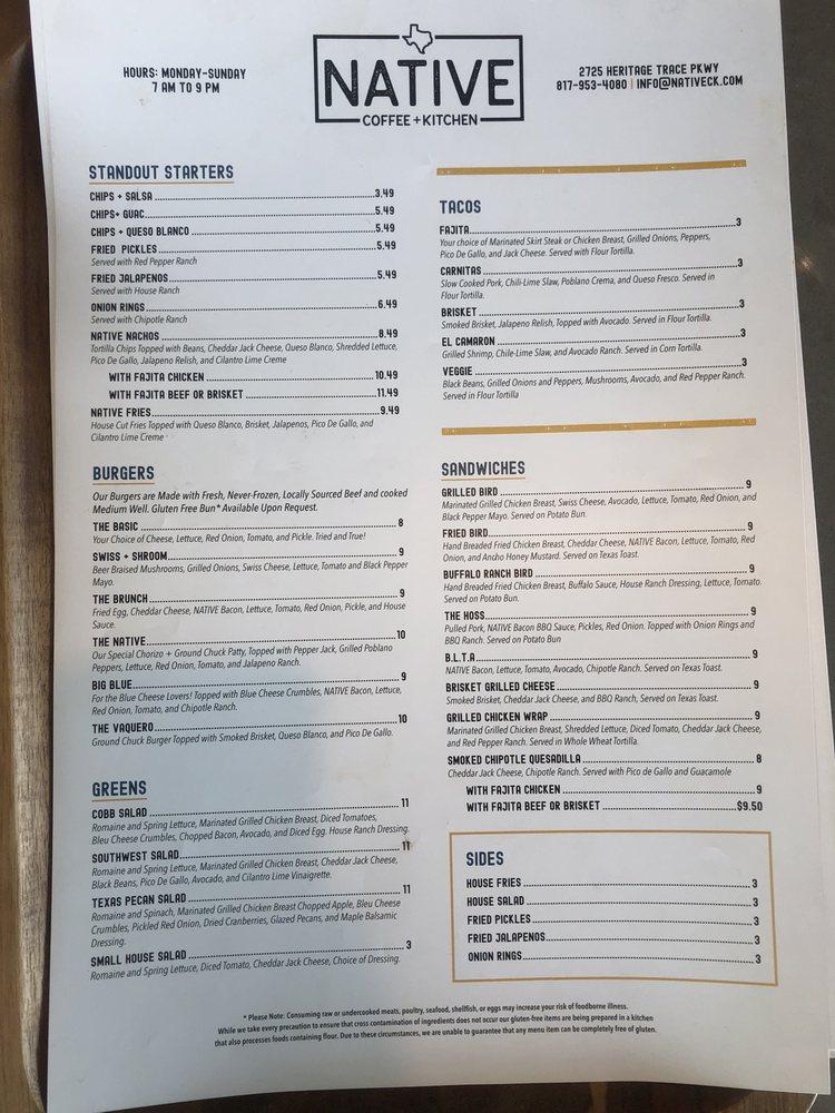 Menu at NATIVE Coffee + Kitchen restaurant, Fort Worth