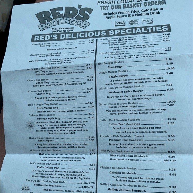 Menu at Red's Root Beer restaurant, Paw Paw, 813 S Kalamazoo St