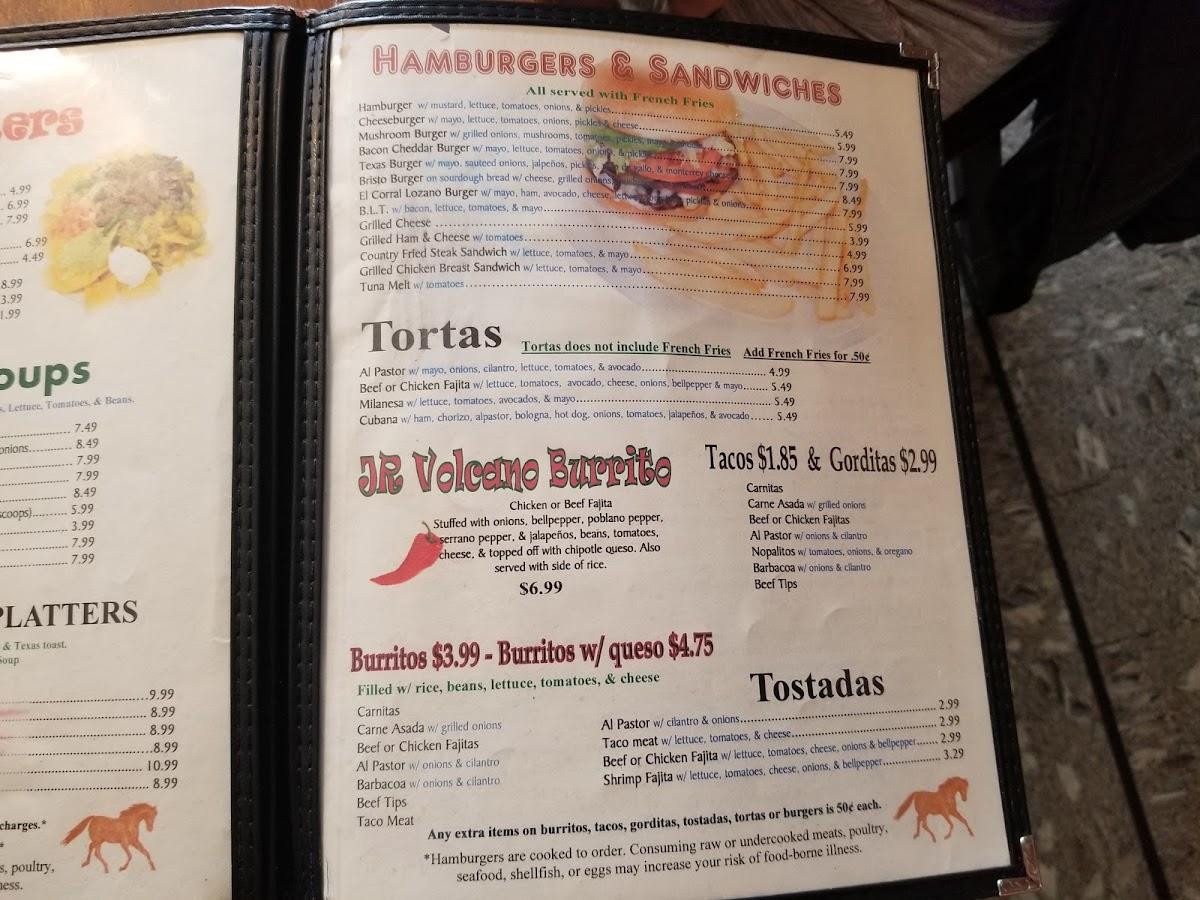Menu at El Corral Lozano restaurant, Taylor