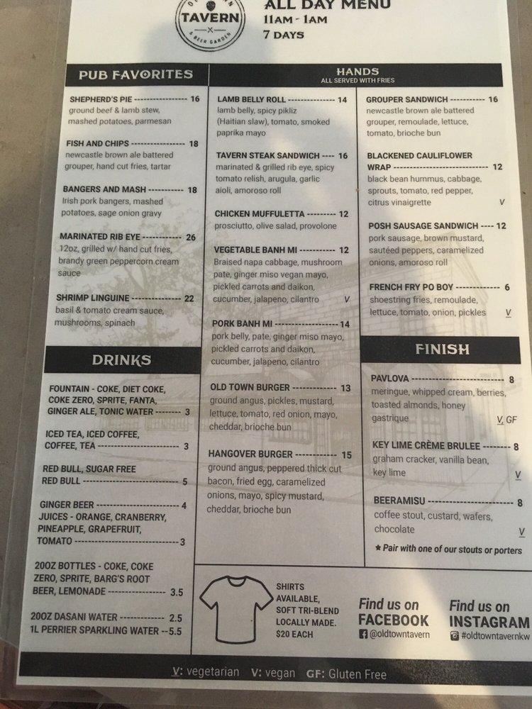 Menu at Old Town Tavern & Beer Garden restaurant, Key West, 900 Duval St