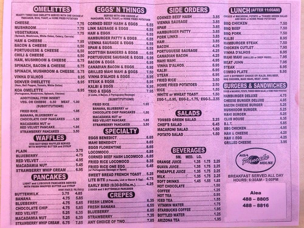 Menu at Koa Pancake House restaurant, Aiea