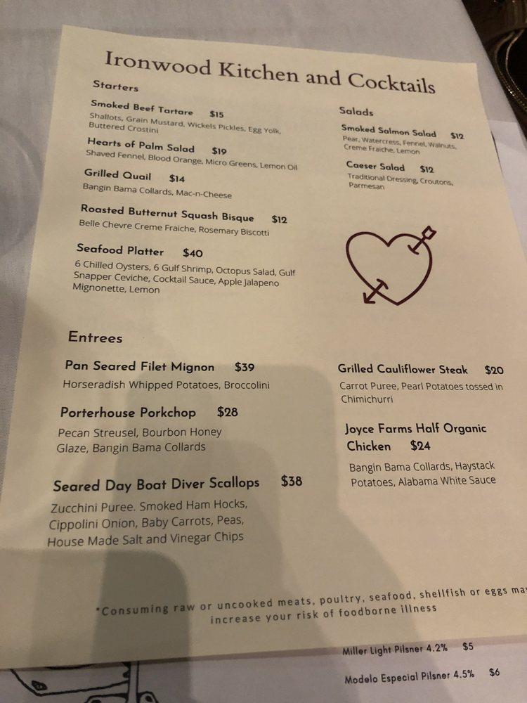 Menu at Ironwood Kitchen & Cocktails restaurant, Homewood