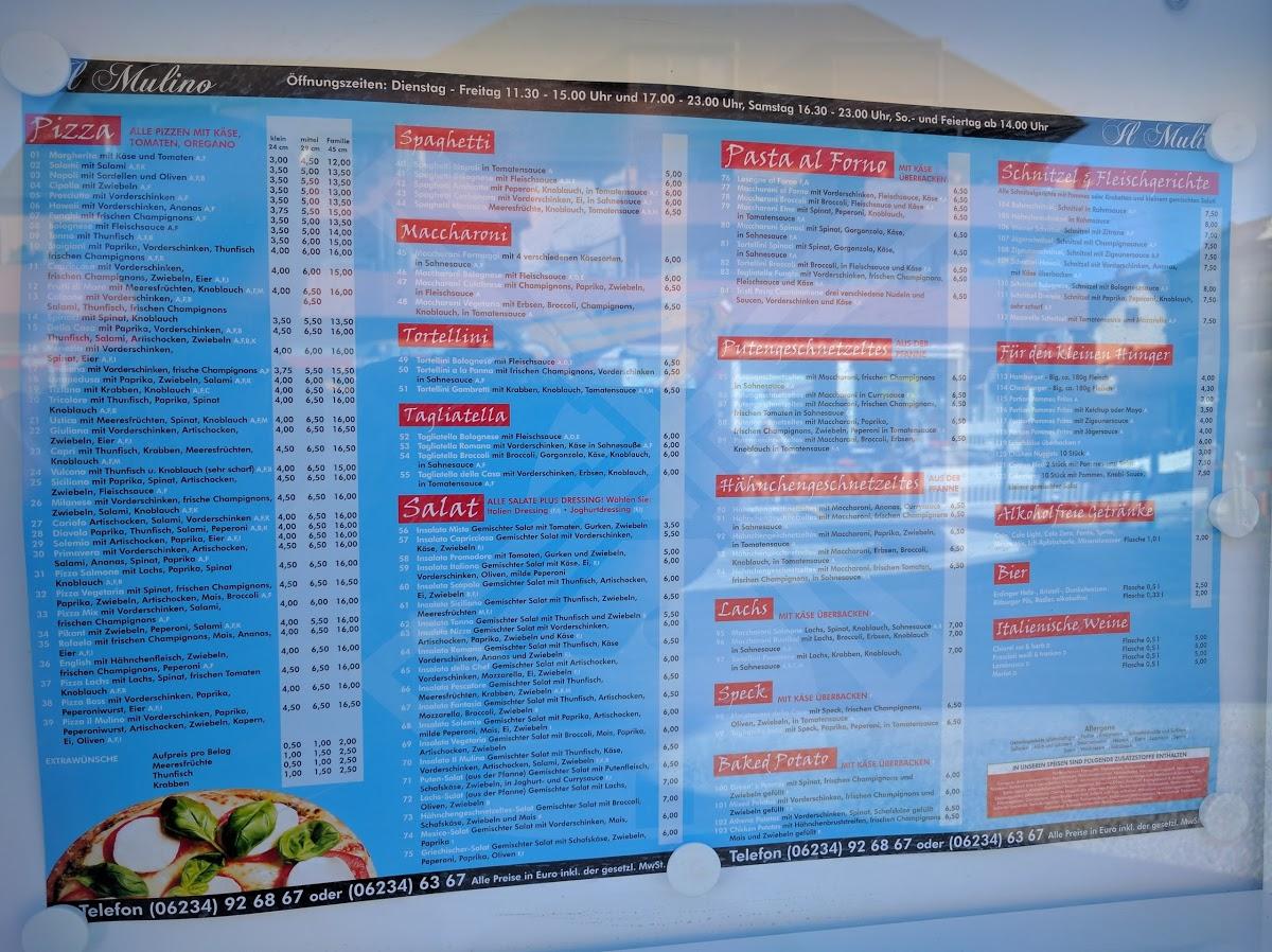 Speisekarte von Pizzeria Il Mulino, Mutterstadt