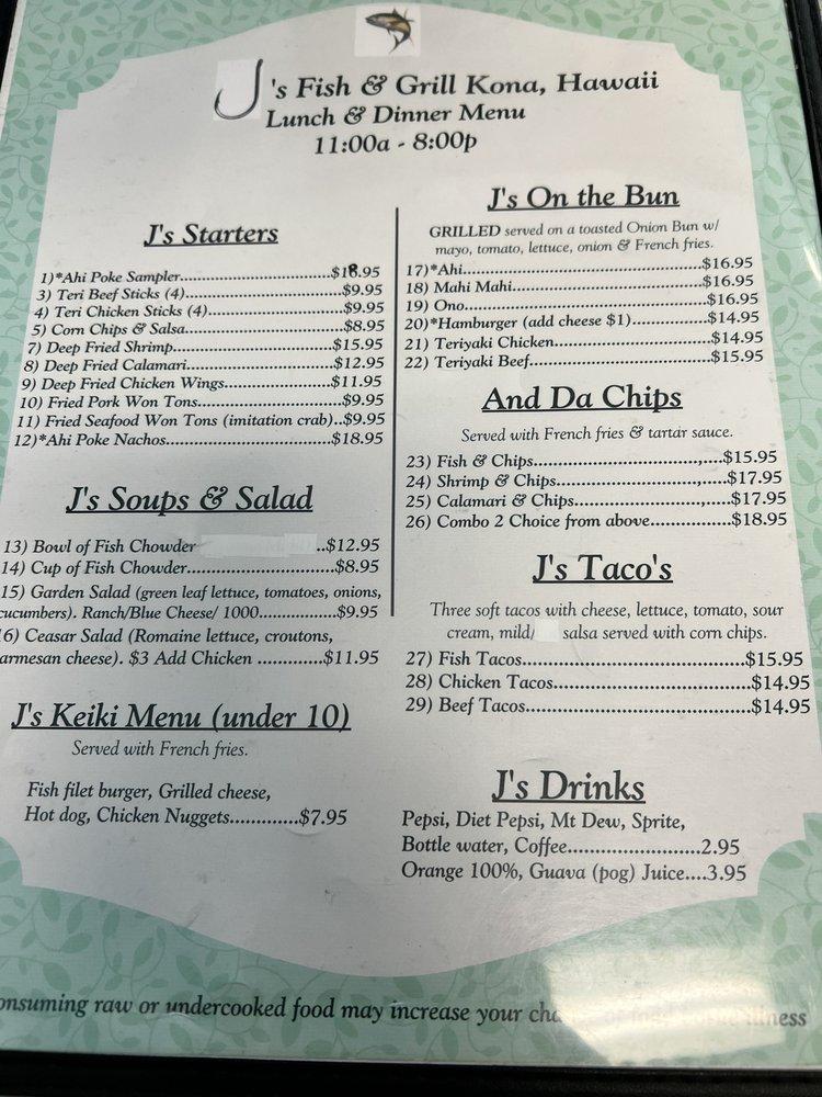 Menu at J's Fish & Grill Kona,Hawaii restaurant, KailuaKona