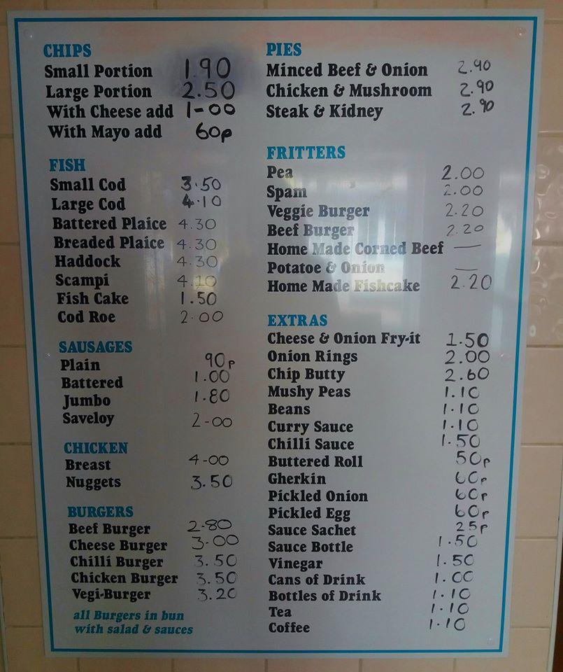 Menu at Philpott’s Fish & Chips restaurant, Hythe