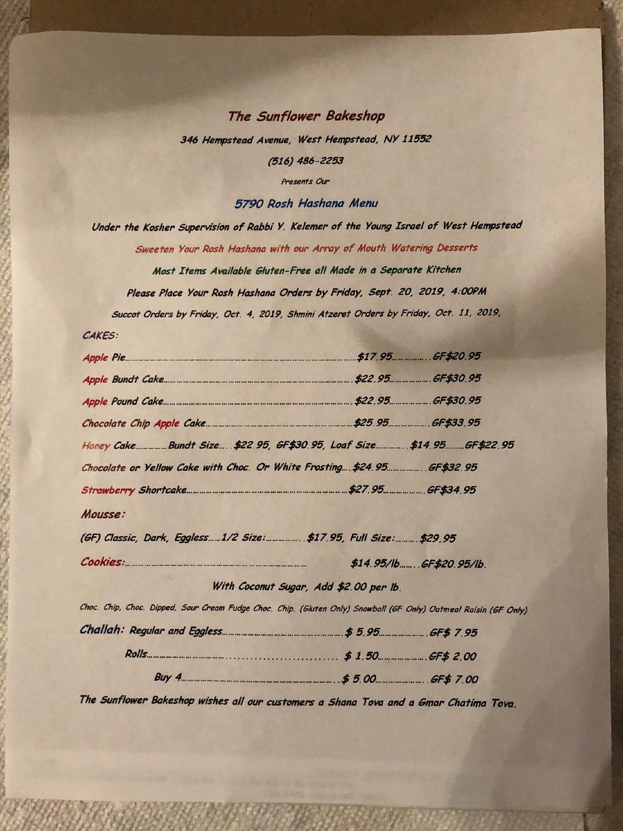 Menu at Sunflower Bake Shop, West Hempstead