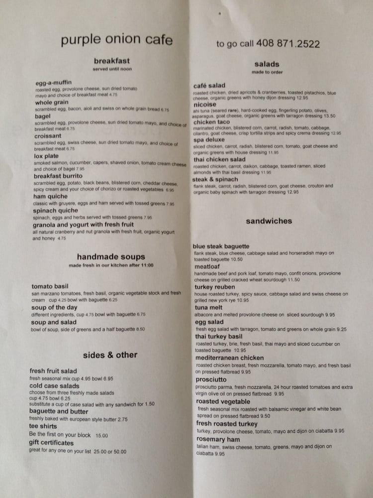 Menu at Purple Onion Café cafe, Los Gatos, Winchester Blvd