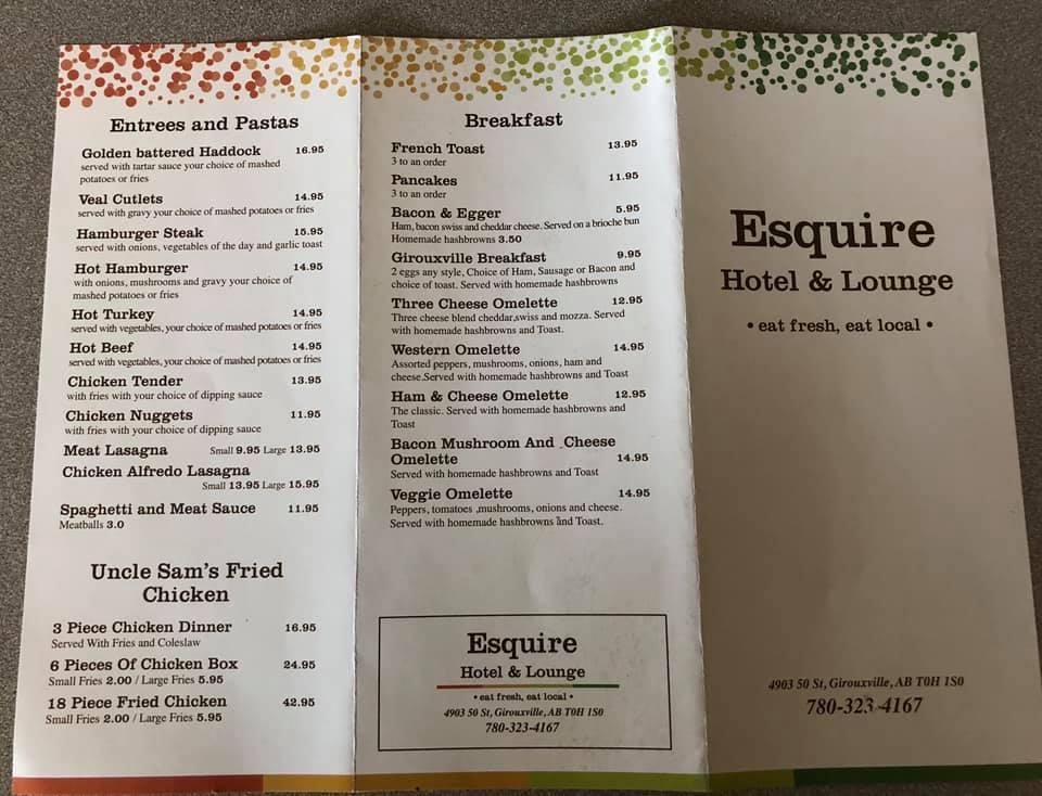 Menu at Esquire Hotel & Lounge, Girouxville
