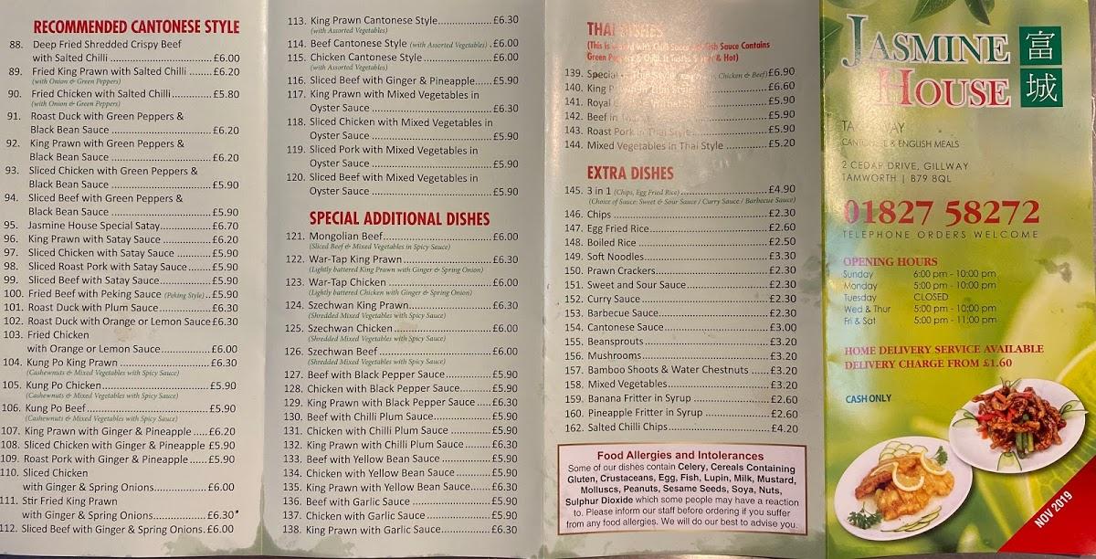 Menu at Jasmine House fast food, Tamworth